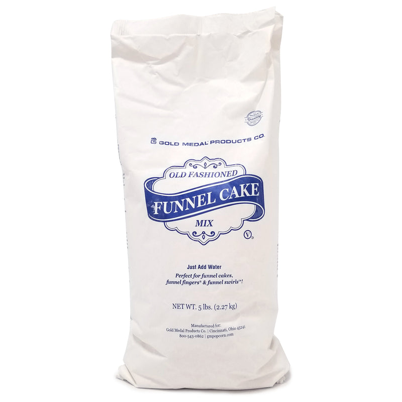 Front view of Old Fashioned Funnel Cake Mix bag. White bag with blue lettering.