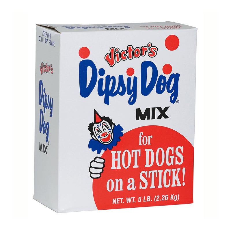 White box of corn dog mix with blue and red graphics stating Dipsy Dog Mix for hot dogs on a stick.