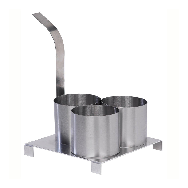 Triple round stainless steel mini funnel cake molds with handle on top of platform.