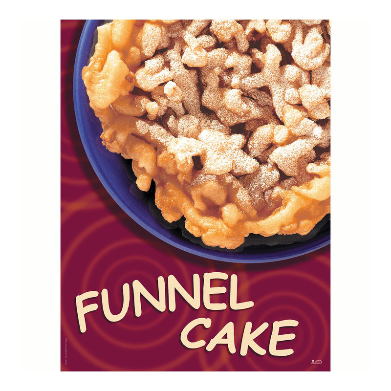 Poster of a funnel cake on a blue plate in the top right on a maroon and cream swirled background. The words Funnel Cake are at the bottom portion of the poster.