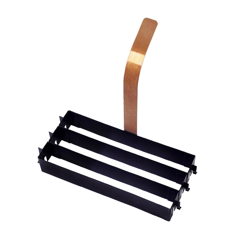 Rectangle black non-stick mold with three slots to pour in batter for funnel swirls with brass color handle.