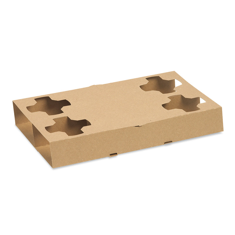 Brown cardboard tray with openings for four popcorn cups, snacks, or drinks.