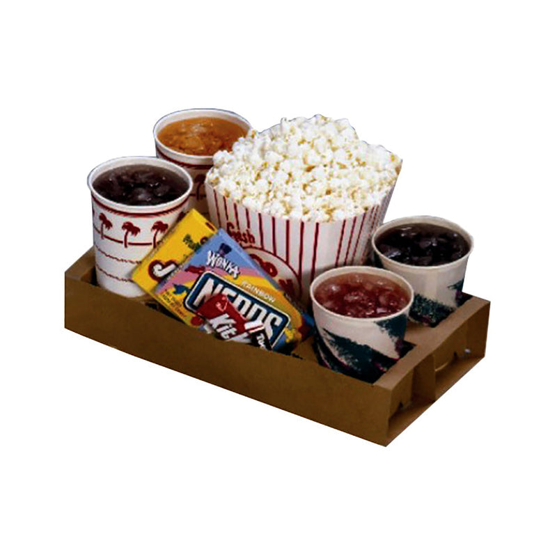 Brown tray holding four drinks, bucket of popcorn and candy.