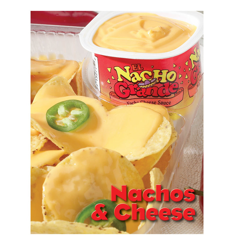 Poster showing clear tray holding nachos with cheese and jalapenos, and nacho cheese cup.