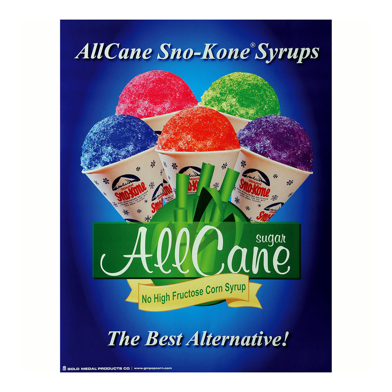 Poster showing logo for AllCane Sugar in front of five snow cones in multiple flavors. Wording in white at top states AllCane snow cone syrups all on a blue background.