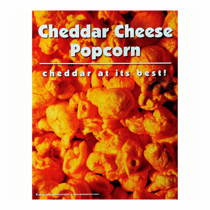 Poster is a close up shot of cheese popcorn corn with white lettering at the top stating Cheddar Cheese Popcorn, cheddar at its best.