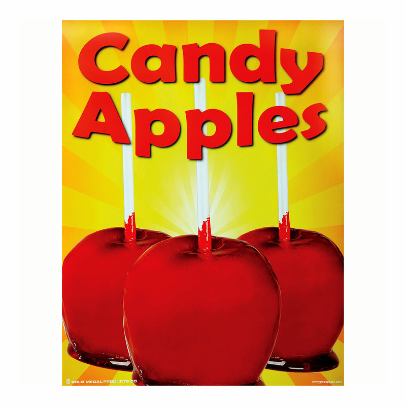 Poster has three red candy apples with white sticks with the wording Candy Apples at the top all on a yellow and orange gradient ray background.