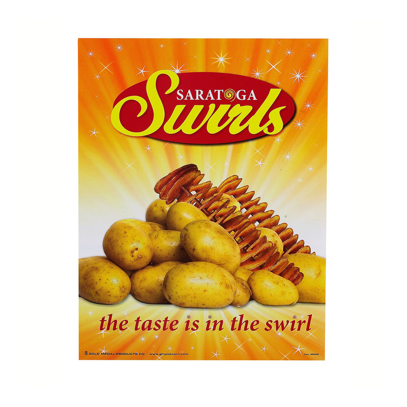 Poster has Saratoga Swirls logo at the top above a pile of potatoes with two skewers holding spiral sliced potatoes. The background is a gradient of yellow, orange and white.