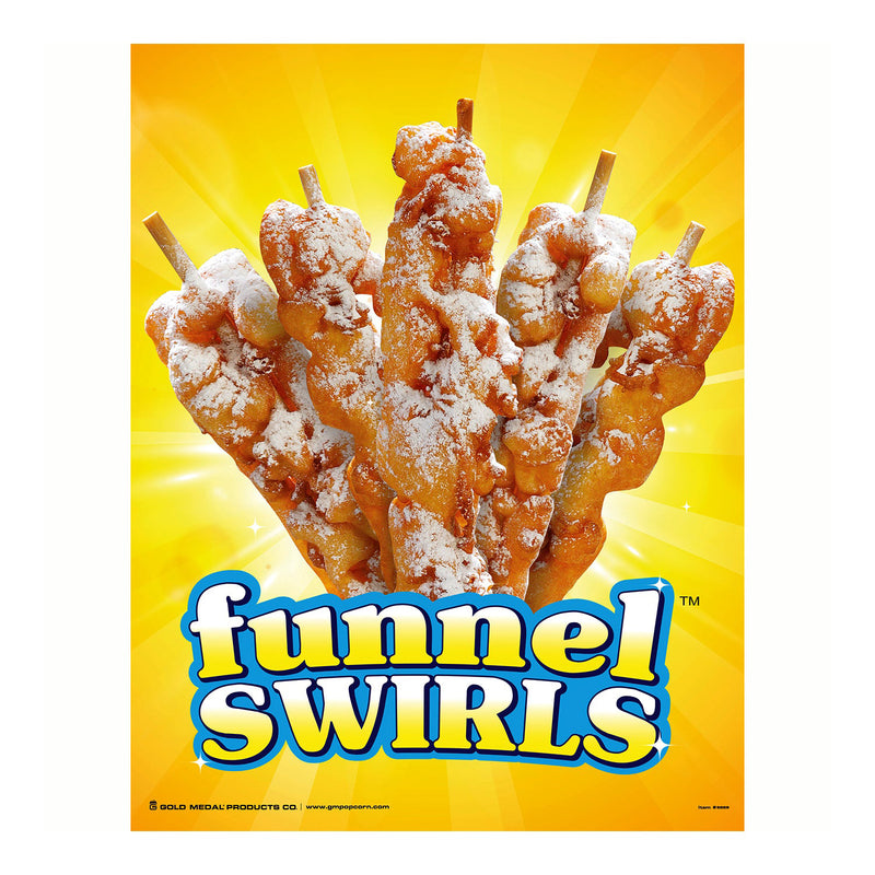 Multiple funnel swirls on sticks featured on poster with a yellow background and the wording funnel swirls in the lower portion of poster.