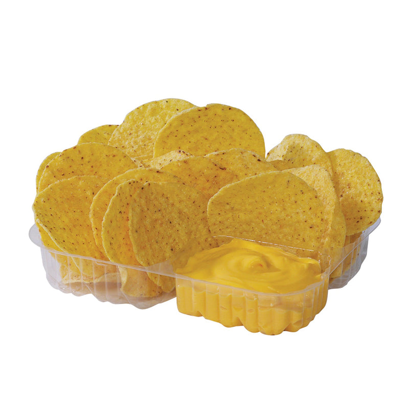 Clear plastic tray with two compartments, one holding cheese and the other holding nacho chips.