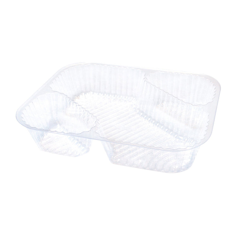 Three compartment clear plastic tray for snacks.