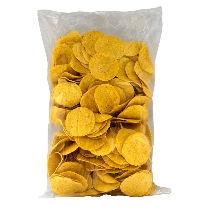 Clear, sealed plastic bag holding nacho chips.