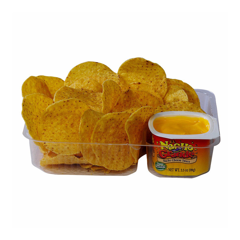 Clear plastic tray with two compartments, one holding cheese sauce cup and the other holding nacho chips.