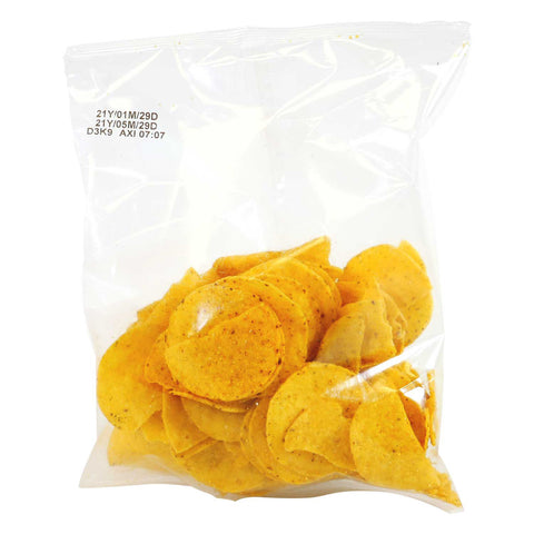 Clear, sealed plastic bag holding nacho chips.