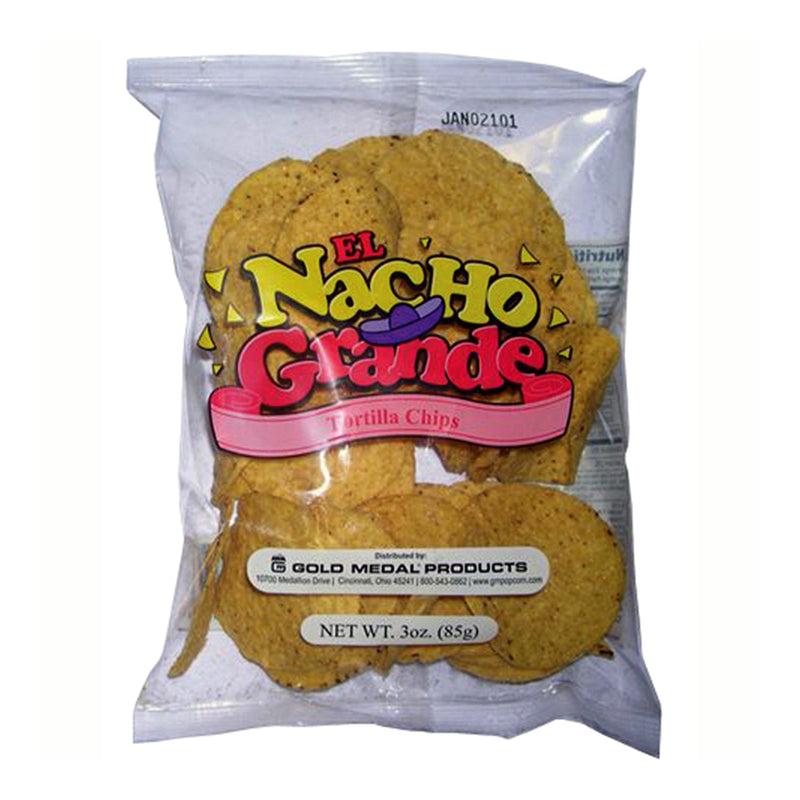 3 ounce bag of nacho chips with El Nacho Grande Tortilla Chips printed on the front.