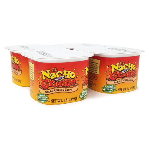 Four El Nacho Grande Nacho Cheese Sauce Cups with peel off seals.