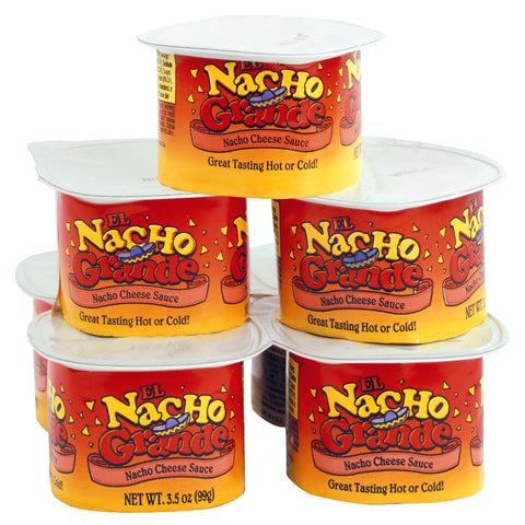 Stack of seven El Nacho Grande Nacho Cheese Sauce Cups with peel off seals.