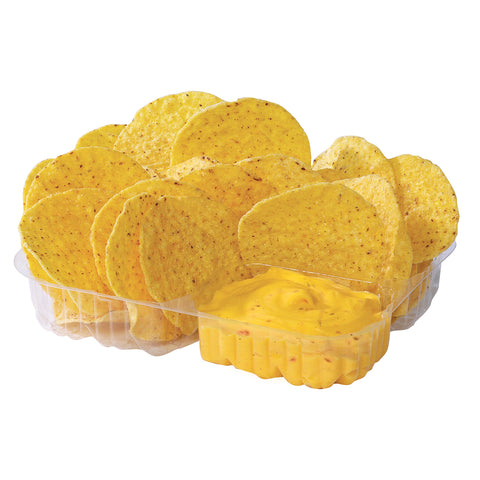 Clear plastic tray with two compartments, one holding cheese sauce  and the other holding nacho chips.