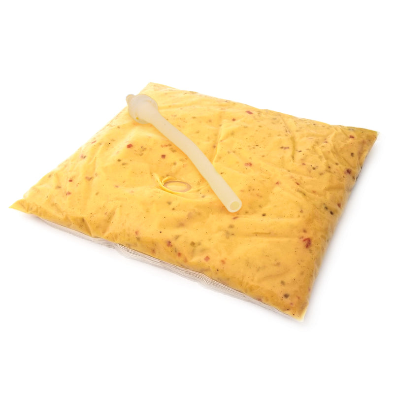 Clear bag of jalapeno cheese sauce with connector tube sitting on top.