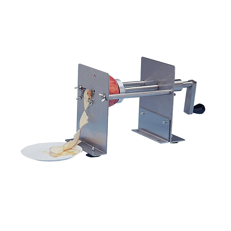 Manual fry cutter featuring a hand crank and 3 blades for ribbon fries, spiral fries and hash browns.