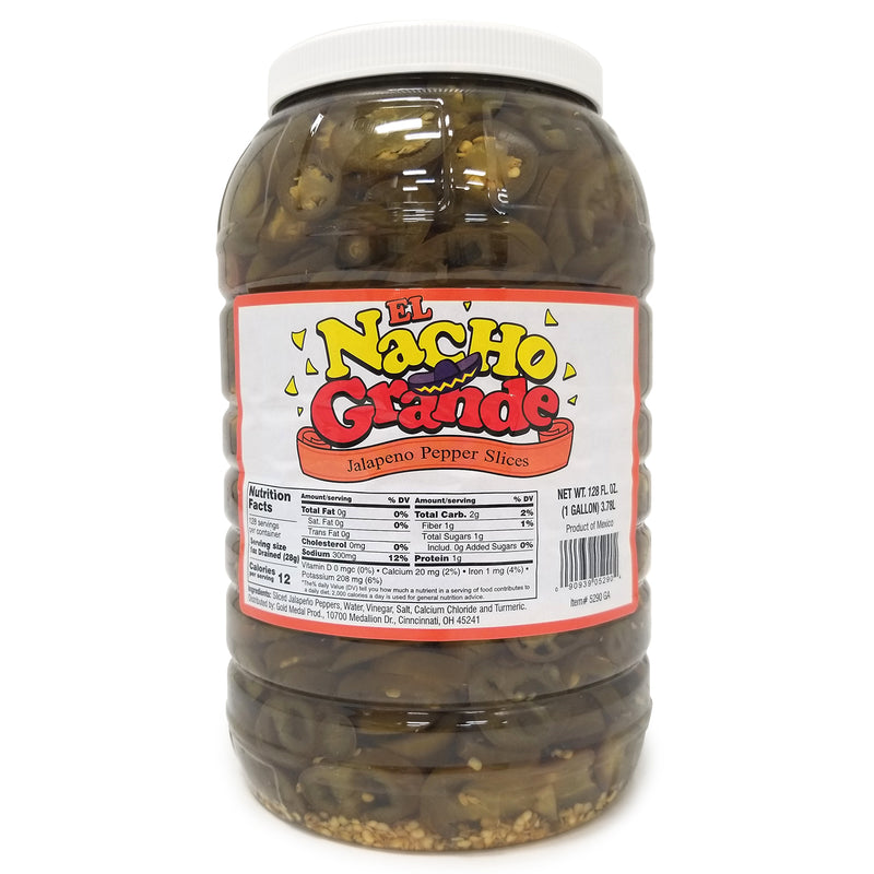 Clear jar of sliced jalapenos with a white lid and label with the wording El Nacho Grande Jalapeno Pepper Slices.