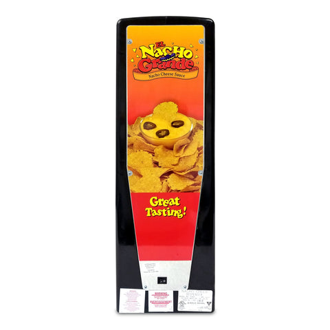 Back view of black bag cheese dispenser machine showing the on-off rocker switch and graphic of nachos and bowl of cheese sauce.