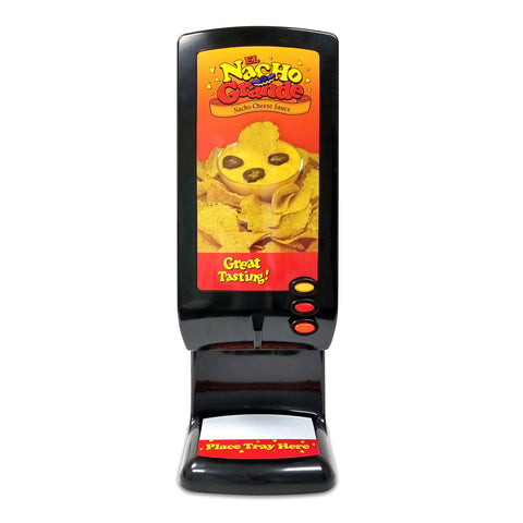 Front view of black bag cheese dispenser machine, with rounded corners, graphic of nachos and cheese sauce in a bowl, and the words El Nacho Grande Nacho Cheese Sauce. This has 3 buttons, one yellow, one red, and one orange that controls the dispense rate. Under dispenser is a flat area to place tray.