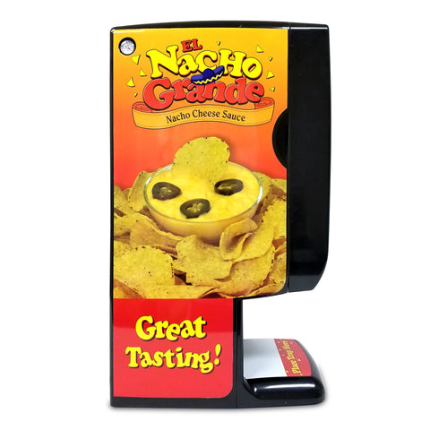 Left side of black bag cheese dispenser machine, with rounded corners, graphic of nachos and cheese sauce in a bowl and the words El Nacho Grande Nacho Cheese Sauce.  Under dispensers is a flat area to place tray.