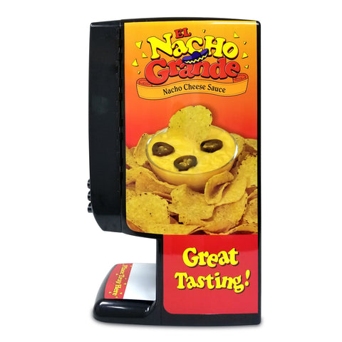 Right side of black bag cheese dispenser machine, with rounded corners, graphic of nachos and cheese sauce in a bowl and the words El Nacho Grande Nacho Cheese Sauce.  Under dispensers is a flat area to place tray.