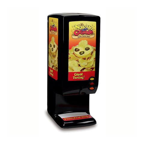 Angle view of black bag cheese dispenser machine, with rounded corners, graphic of nachos and cheese sauce in a bowl, and the words El Nacho Grande Nacho Cheese Sauce on the front and side of machine. This has 3 buttons, one yellow, one red, and one orange that controls the dispense rate. Under dispenser is a flat area to place tray.