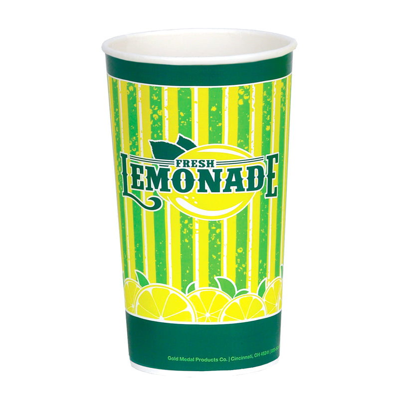 Lemonade cup with yellow, green, and white graphics, sliced lemons and the wording Fresh Lemonade are featured on the cup.