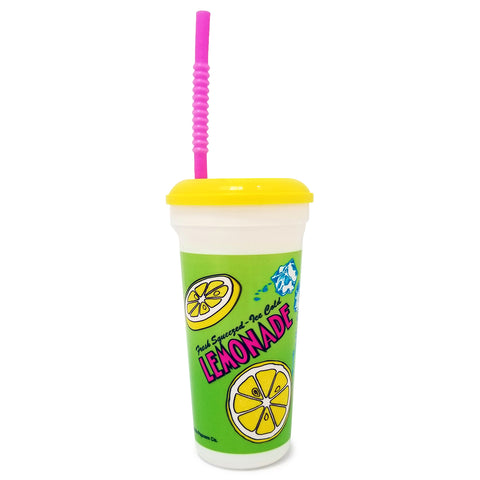 Plastic lemonade cup with a yellowish-green background, sliced lemons, ice cubes, and the wording fresh-squeezed - ice-cold lemonade featured on the cup. Cup has a yellow lid and pink straw.