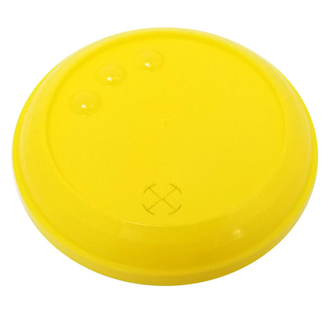 Yellow plastic lemonade cup lid with opening for a straw.