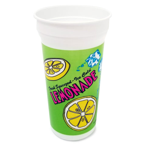 Souvenir plastic lemonade cup with a yellowish-green background, sliced lemons, ice cubes, and the wording fresh-squeezed - ice-cold lemonade featured on the cup. Cup has a yellow lid and pink straw.