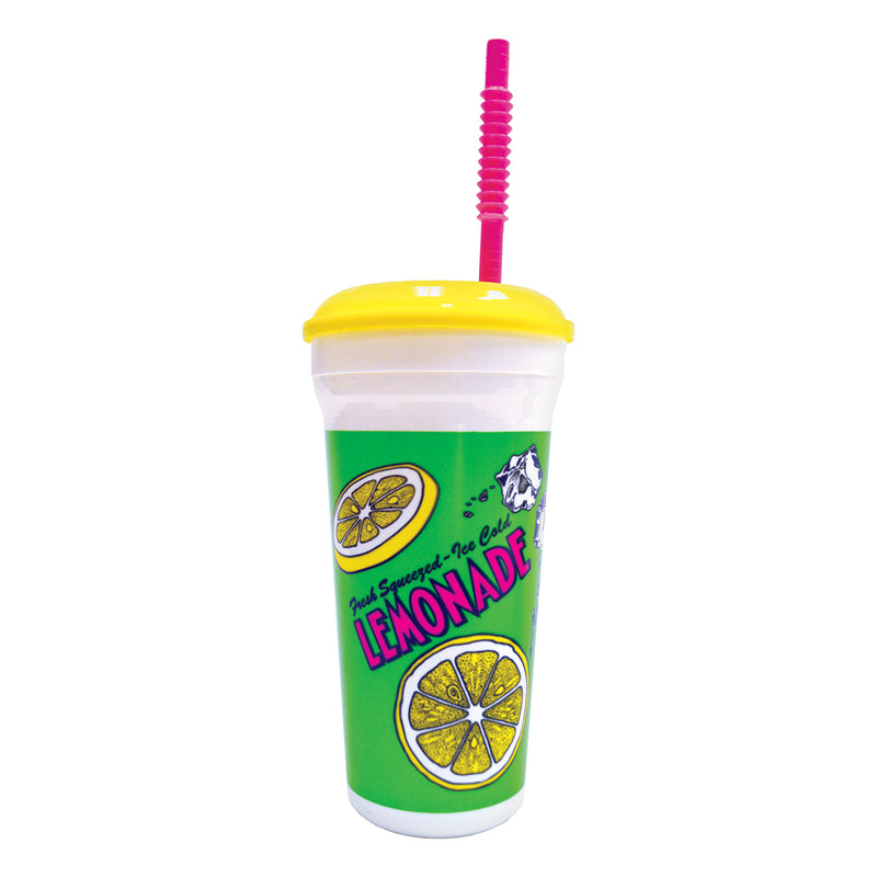 Plastic lemonade cup with a yellowish-green background, sliced lemons, ice cubes, and the wording printed in black and pink of fresh-squeezed - ice-cold lemonade featured on the cup.