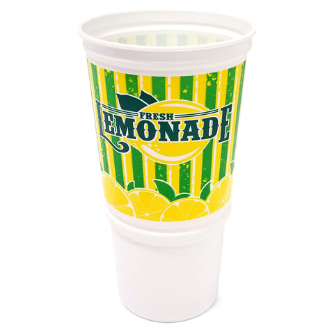 Plastic lemonade cup with yellow, green, and white graphics, sliced lemons and the wording Fresh Lemonade are featured on the cup. Cup has tampered bottom