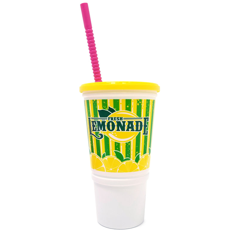 Plastic lemonade cup with yellow, green, and white graphics, sliced lemons and the wording Fresh Lemonade are featured on the cup. Cup has tampered bottom, yellow lid, and pink bendable straw.