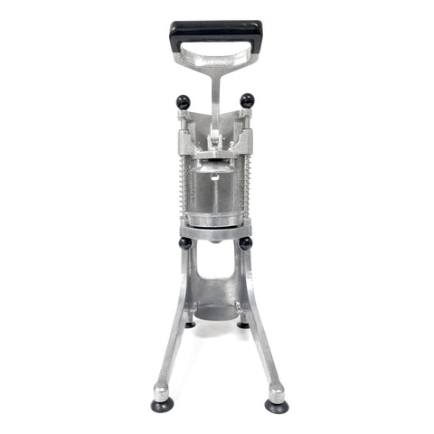 Front view of cast aluminum lemon squeezer with raised juicing platform mounted on 4 legs. Lever action plunger with black handle sits in track above juicing strainer in the up position. 