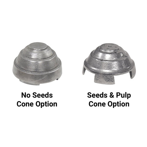 Two juicing strainers with words underneath. The left strainer has the text No Seeds Cone Option, the right strainer has the text seeds and pulp cone option.