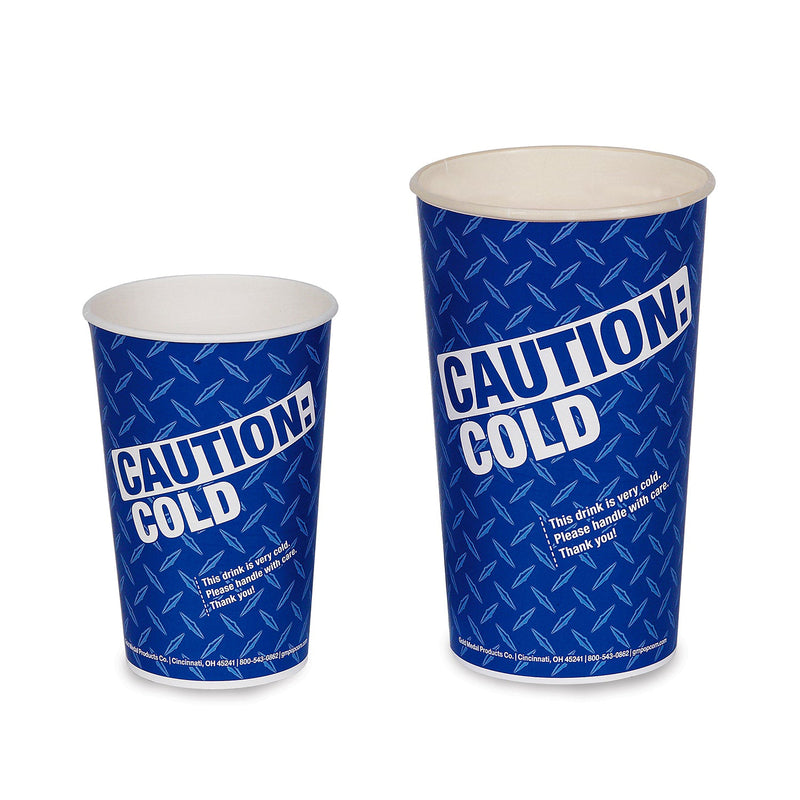 Two blue drinking cups with the wording Caution Cold printed on them.