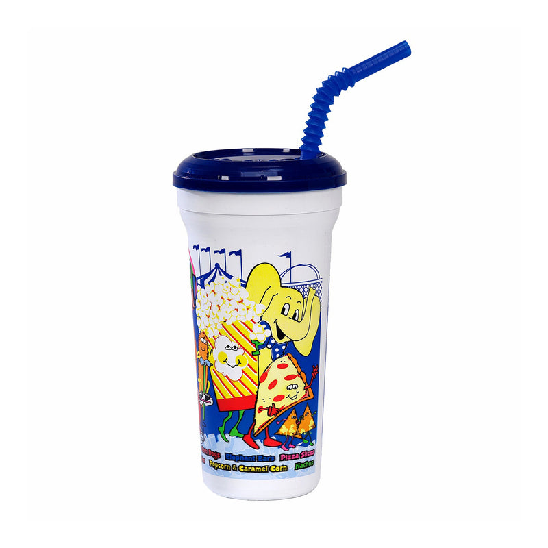 Plastic drink cup with blue lid and blue straw. On the cup is a graphic containing cartoon characters of pizza, popcorn, an elephant, and a silhouette of a rollercoaster in the background.