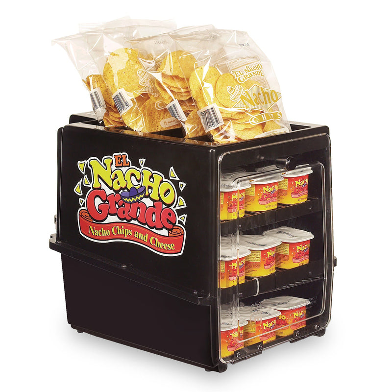 Black nacho cheese cup warmer with graphics on the side that state El Nacho Grande Nacho Chips and Cheese. Bags of nacho chips sit on top of the warmer, and nacho cheese cups are inside the warmer and seen through the clear door.