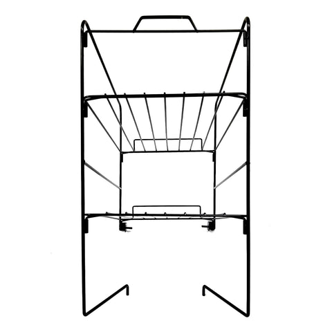 Back view of black chip wire rack with two shelves and affixes to the top of the nacho cheese cup warmer.