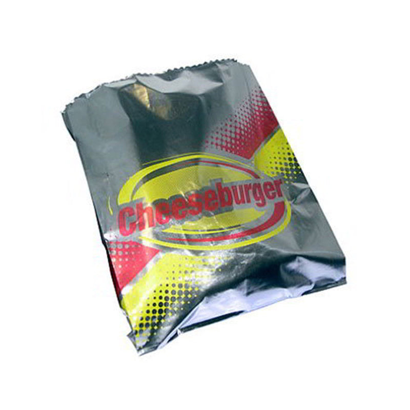 Foil cheeseburger bag with a yellow and red design with the word cheeseburger printed on it.