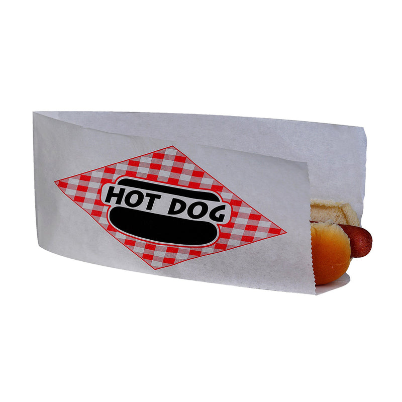 White bag to hold a hot dog with red and black diamond design and the words hot dog printed on it. Opening on the bag is on the top and the side.