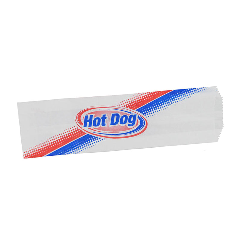 White bag to hold a hot dog with red and blue design and the words hot dog printed on it.
