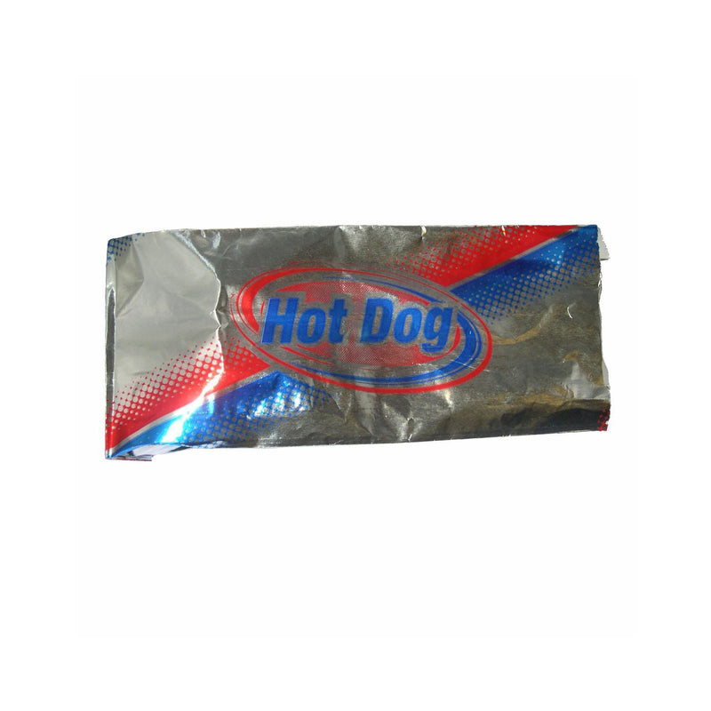 Foil bag to hold a hot dog with red and blue design and the words hot dog printed on it.