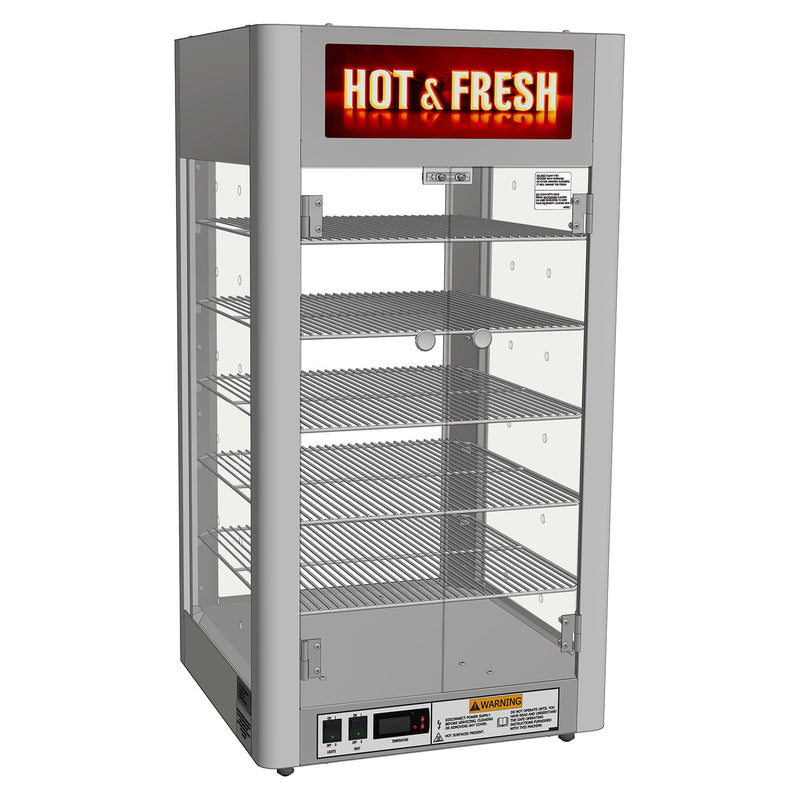 Tall, silver warming cabinet with rounded corner posts. Clear plexi-glass on all four sides and five wire racks on the inside. Two swing doors with silver knobs on the front of machine in addition to a lighted red, yellow and white sign at the top that says Hot and Fresh. Control panel of the machines is on the front bottom of machine.