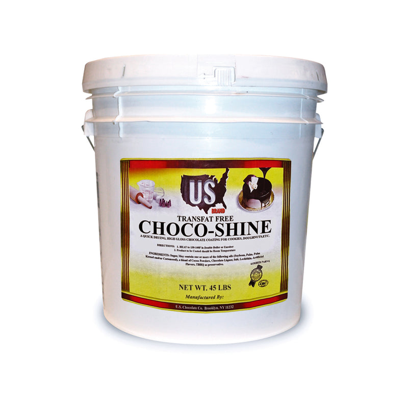 45 pound white tub of chocolate dip with brown and yellow label stating transfat free choco-shine.