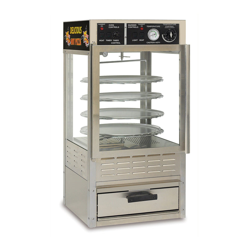 Oven/warmer pizza cabinet with metal corner posts and plexi-glass sides. Pizza rotisserie is inside warmer with 4 wire shelves holding pizza pans. Control panel is on dome of machine and warmer sits on top of oven.